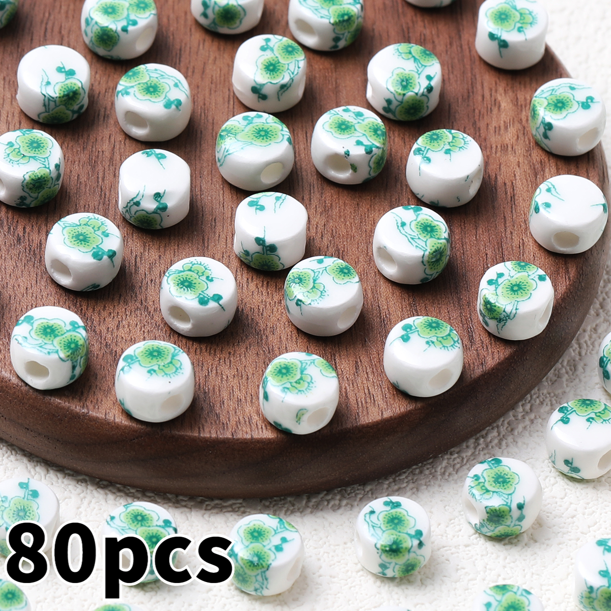 20pcs Random Color Flat Round Printed Flower Ceramic Beads